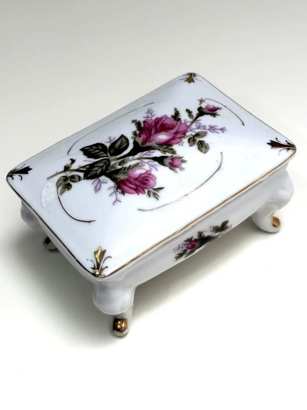 Vintage Pink Rose Porcelain Jewelry Box + Floral Ring